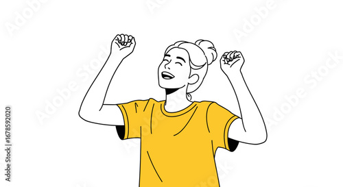 Celebrating success A woman rejoices with raised fists in a minimalist line art illustration