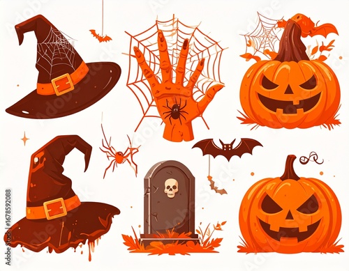 Spooky Halloween Icons: Witch Hats, Jack-o'-Lanterns, and Skeletons