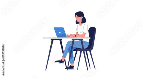 Woman Working on Laptop at Desk Productivity Illustration