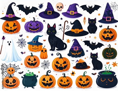 Watercolor Halloween Collection with Jack-o'-Lanterns, Witches, and Ghosts