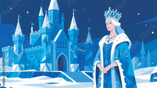 Illustration of Snow Queen with a Crown Design Template with Snowy Kingdom Background
