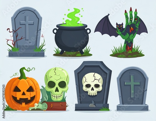 Spooky Halloween Graveyard and Horror Icons Collection on White Background