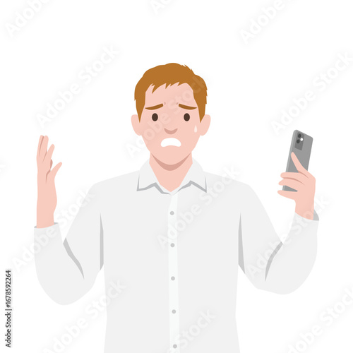 Man looking frustrated and confused while holding a smartphone. Flat vector illustration isolated on white background