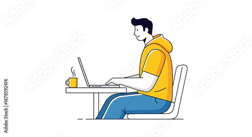 Young man sitting at a desk and typing on a laptop computer, modern flat style character vector illustration for web