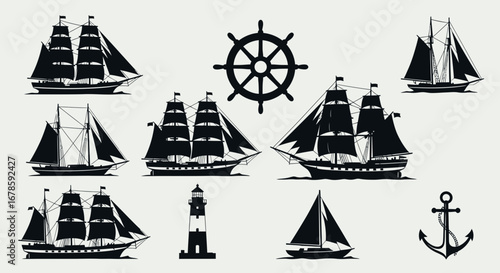 A collection of nautical themed black silhouettes including various sailing ships, a ship's wheel, a lighthouse, and an anchor on a white background.