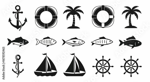 Collection of nautical themed vector icons including anchors, life preservers, palm trees, fish, sailboats, and ship wheels in black and white.