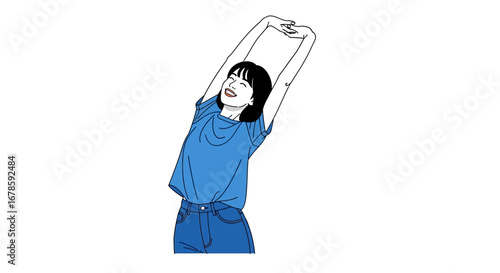 Happy Girl Stretching, Blue Outfit Illustration