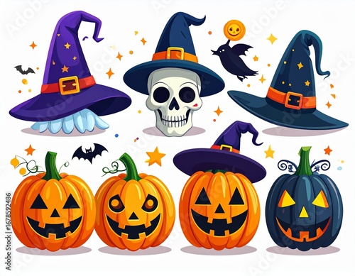 Watercolor Halloween Decorations with Jack-o'-Lanterns, Skulls, and Witch Hats