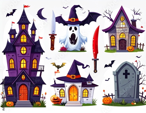 Set of Spooky Halloween Scenes with Haunted Houses and Monsters