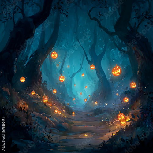 Vector art of an enchanted forest path lit by floating jack-o-lanterns, magical and mysterious
