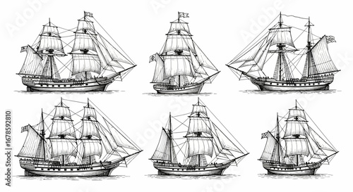 Six detailed pen and ink drawings of sailing ships with multiple masts and sails, arranged in two rows on a white background.