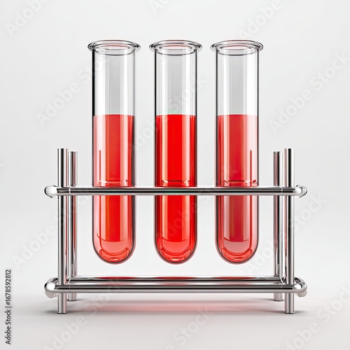 Three test tubes filled with red liquid, mounted on a metal stand