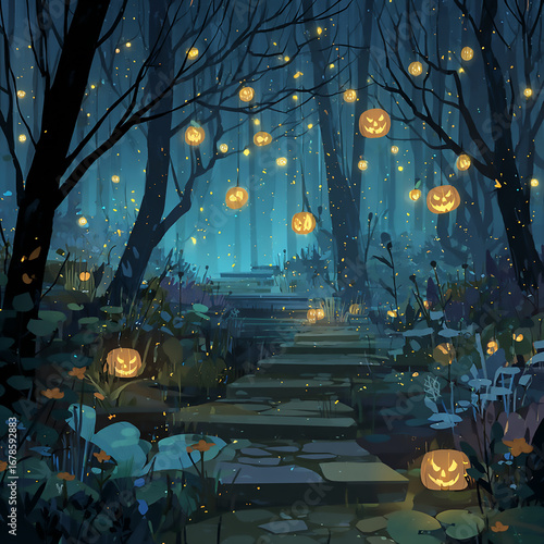 Vector art of an enchanted forest path lit by floating jack-o-lanterns, magical and mysterious