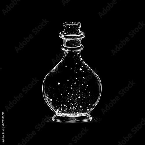 White line drawing of a potion bottle with sparkles inside, mysterious minimalist Halloween element