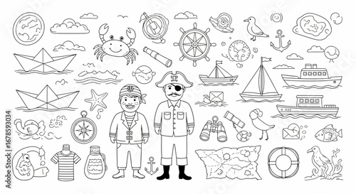 Line art illustration featuring pirate-themed elements including pirates, ships, sea creatures, maps, and nautical objects on a white background.