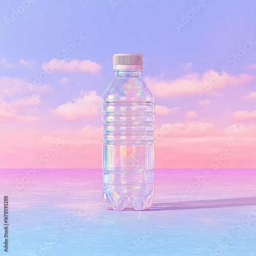 Holographic water bottle on pastel backdrop