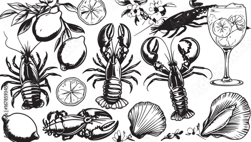 Summer Food and Drink Vector Icons with Ice Cream, Pizza, Dessert, Beverage, Picnic Theme, Black and White Art, Delicious, Oceanic, Gourmet, Illustrative, Decorative, Sophisticated, Artistic, Seaside,