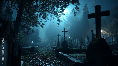 wide shot of an old cemetery at night