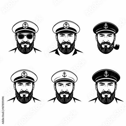 Six monochrome illustrations of a bearded man wearing a captain's hat, each with slight variations in accessories like sunglasses and a pipe.