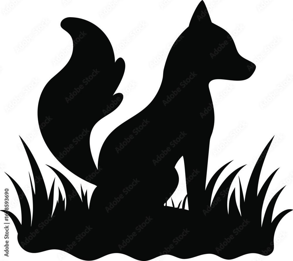Fototapeta premium Majestic silhouette of a sitting fox among tall grass evoking wilderness and natural beauty silhouette