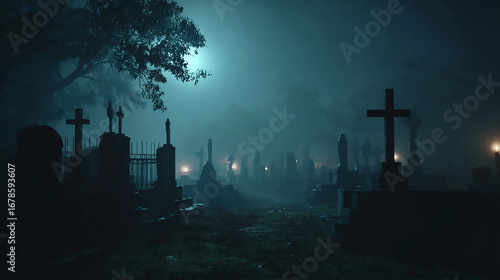wide shot of an old cemetery at night