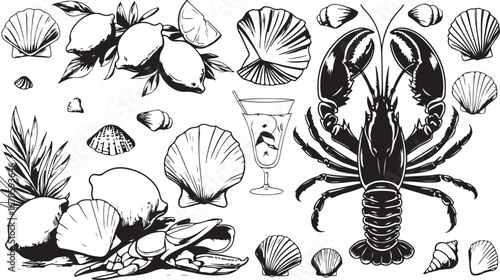 Summer Food and Drink Vector Icons with Ice Cream, Pizza, Dessert, Beverage, Picnic Theme, Black and White Art, Delicious, Oceanic, Gourmet, Illustrative, Decorative, Sophisticated, Artistic, Seaside,