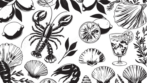 Summer Food and Drink Vector Icons with Ice Cream, Pizza, Dessert, Beverage, Picnic Theme, Black and White Art, Delicious, Oceanic, Gourmet, Illustrative, Decorative, Sophisticated, Artistic, Seaside,