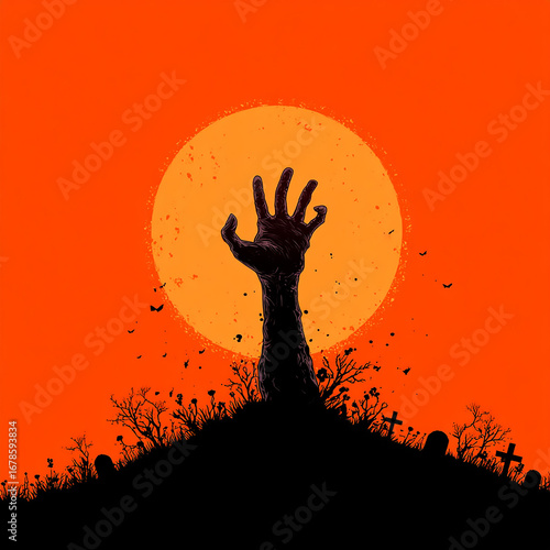 Zombie hand rising from the ground, Halloween vector illustration, silhouette style, orange sky