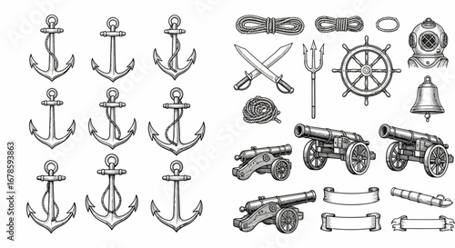 A collection of nautical themed illustrations including anchors, cannons, swords, diving helmet, ship wheel, rope, and banners in black and white.