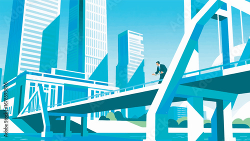 Illustration of Senior Official Supervising Bridge Construction Design Template with City Background