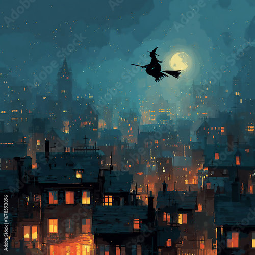 Witch flying on broomstick above the city at night, vector style, glowing windows, Halloween vibes