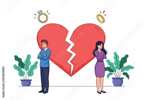 Illustration of an angry couple with crossed arms, broken heart, and wedding rings, symbolizing divorce, breakup, relationship conflict, and the end of marriage