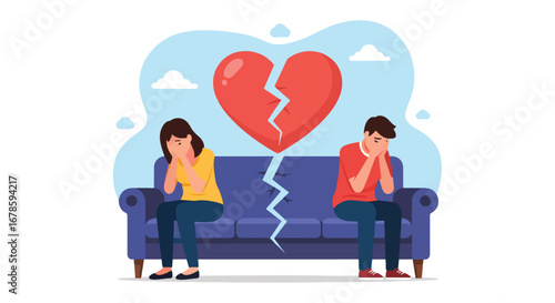 Illustration of a sad couple sitting apart on a couch with a broken heart between them, symbolizing divorce, breakup, emotional pain, and relationship struggles