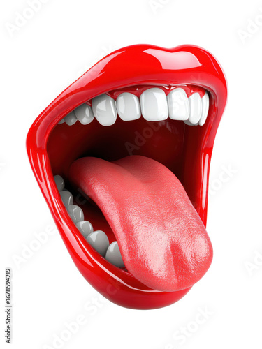 Glossy 3D cartoon mouth with shiny red lips, white teeth, and extended tongue, isolated on transparent background for design projects..