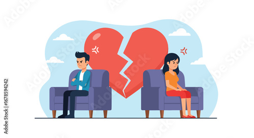 Illustration of a sad couple sitting apart on a couch with a broken heart between them, symbolizing divorce, breakup, emotional pain, and relationship struggles