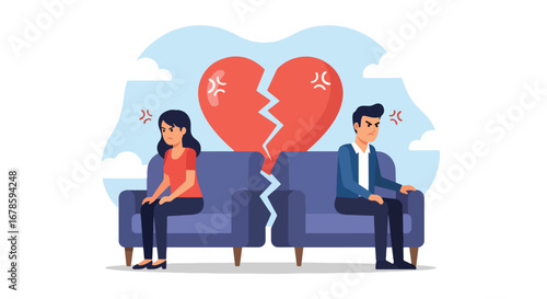 Illustration of a sad couple sitting apart on a couch with a broken heart between them, symbolizing divorce, breakup, emotional pain, and relationship struggles