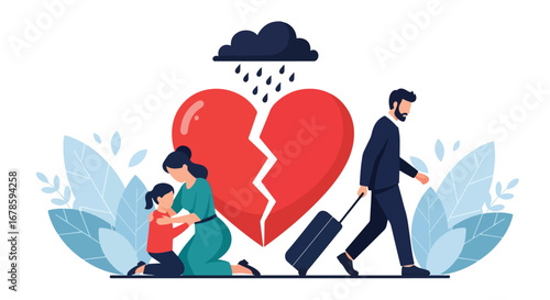 Illustration of a mother comforting her child while a father walks away with luggage, symbolizing divorce, broken family, emotional pain, and the struggles of separation