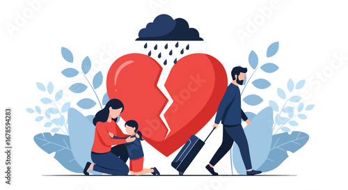 Illustration of a mother comforting her child while a father walks away with luggage, symbolizing divorce, broken family, emotional pain, and the struggles of separation