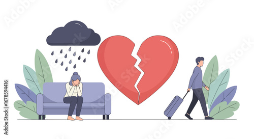 Illustration of a woman crying on a couch under rain with a man walking away carrying luggage, symbolizing heartbreak, breakup, divorce, and emotional pain of separation