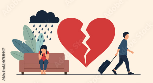 Illustration of a woman crying on a couch under rain with a man walking away carrying luggage, symbolizing heartbreak, breakup, divorce, and emotional pain of separation