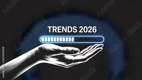Futuristic TRENDS 2026 Graphic with Glowing Progress Bar and Hand Illustration on Dark Background