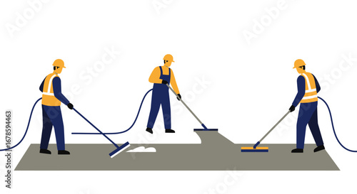 Workers Cleaning Concrete Surface with Water and Brushes.