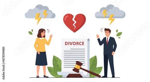 Vector illustration of a couple arguing over divorce papers under storm clouds and a broken heart, symbolizing separation, legal conflict, relationship struggles, and emotional challenges of breakup