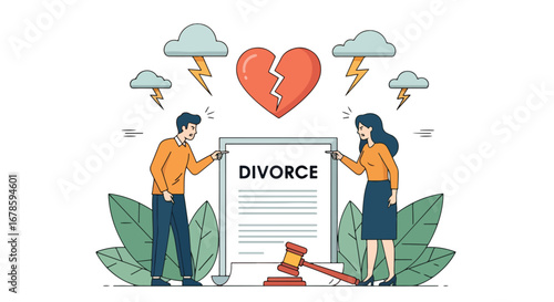 Vector illustration of a couple arguing over divorce papers under storm clouds and a broken heart, symbolizing separation, legal conflict, relationship struggles, and emotional challenges of breakup