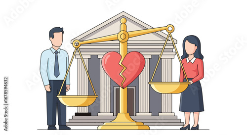 Vector illustration of a man and woman on scales of justice with a broken heart in the center, symbolizing divorce, equality, legal separation, and relationship conflict in court