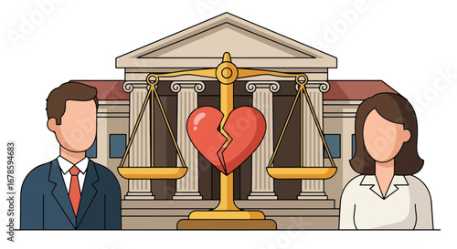 Vector illustration of a man and woman on scales of justice with a broken heart in the center, symbolizing divorce, equality, legal separation, and relationship conflict in court