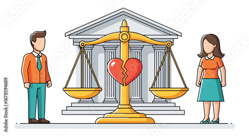 Vector illustration of a man and woman on scales of justice with a broken heart in the center, symbolizing divorce, equality, legal separation, and relationship conflict in court