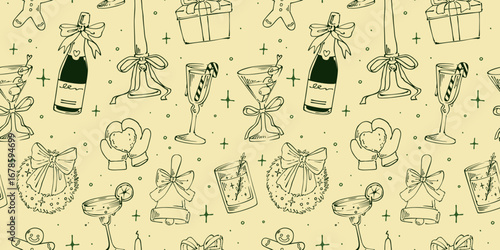 Christmas pattern seamless. Xmas champagne chalk sketch. Birthday party with prosecco. Vintage background in crayon. Retro background. Textile, wrapping, wallpaper. Print for fabric. Vector decoration