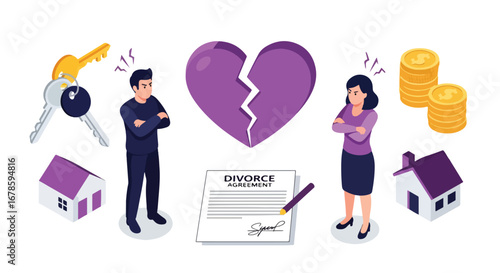 3d isometric view illustration of a couple with a broken heart and divorce agreement, symbolizing property division, financial disputes, and emotional challenges of separation and legal settlement