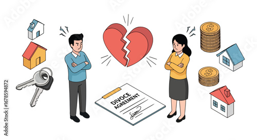 3d isometric view illustration of a couple with a broken heart and divorce agreement, symbolizing property division, financial disputes, and emotional challenges of separation and legal settlement
